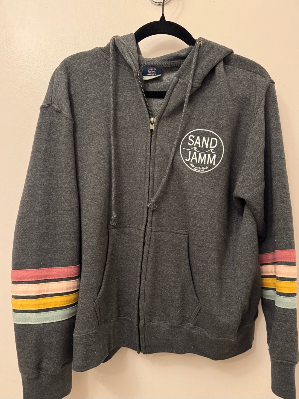 Sand Jamm Gray Zip Hoodie with striped sleeves